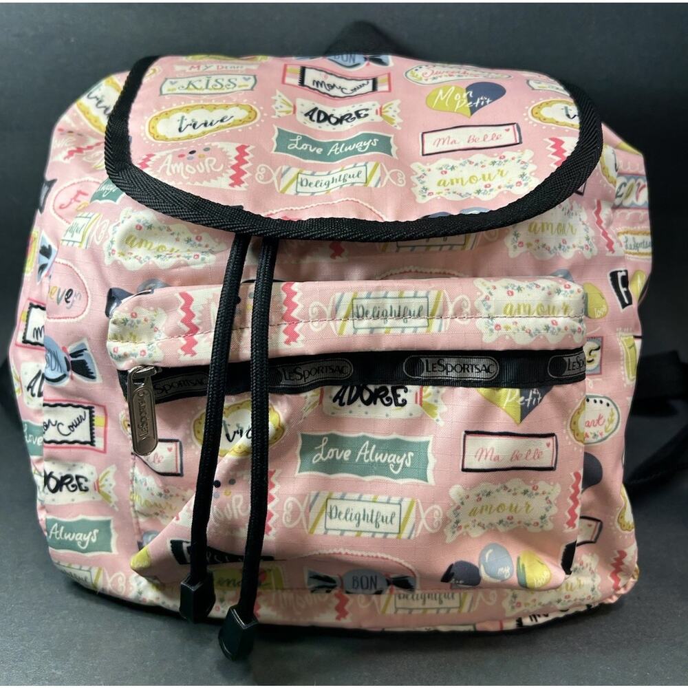 LE SPORTSAC Mini Backpack ‘Sweet Talk Pink’ Drawstring Bag AOP Travel Day School